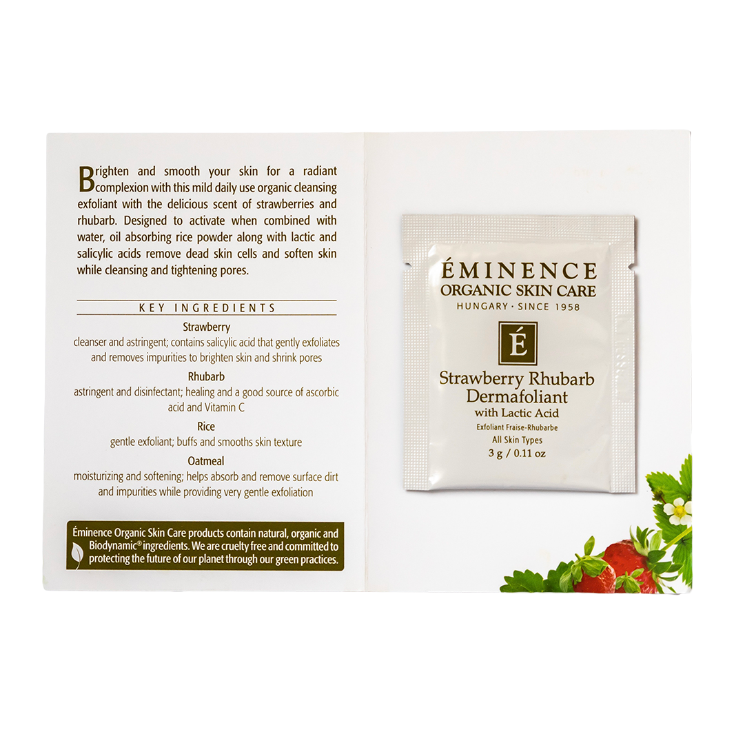Eminence Organic Skin Care Strawberry Rhubarb Dermafoliant sample packaging with ingredients list on a white background
