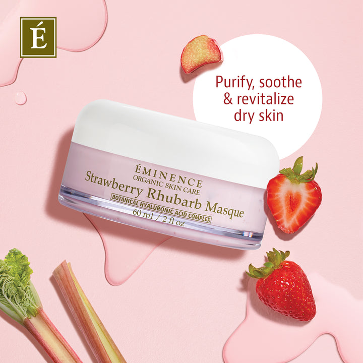Eminence Organics Strawberry Rhubarb Masque - Limited Edition infographic with strawberries and a pink background