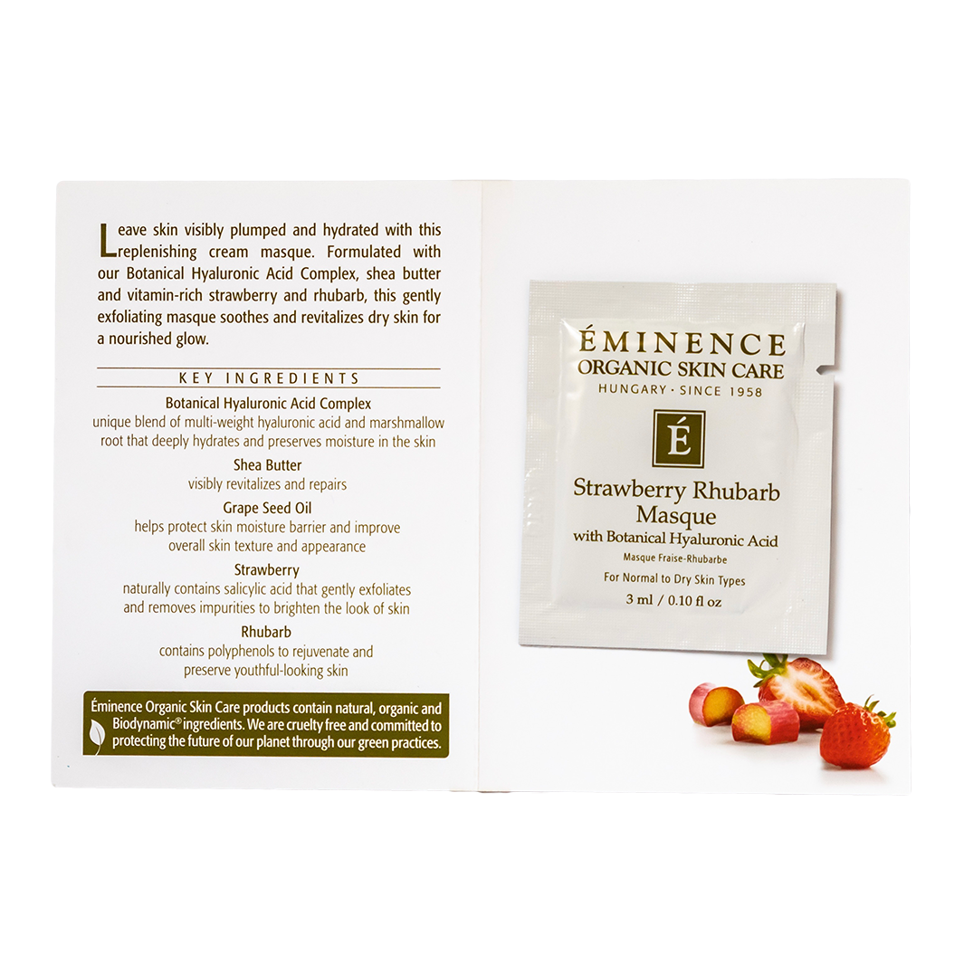 Eminence Organic Skin Care Strawberry Rhubarb Masque sample packaging with ingredients list on a white background