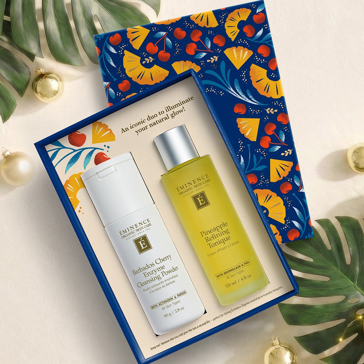 Eminence Organics Superfood Icons Limited Edition Set lifestyle shot with ornaments and tree with an opened box