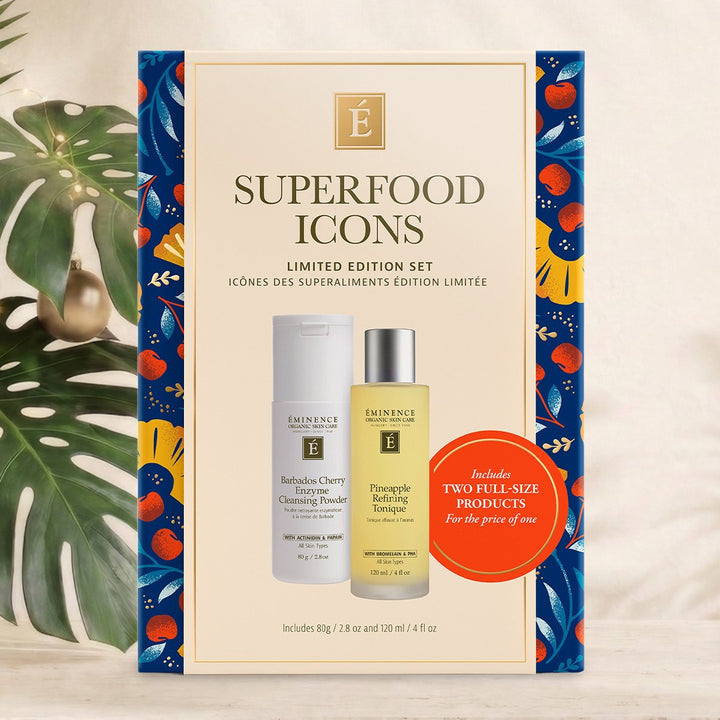 Eminence Organics Superfood Icons Limited Edition Set lifestyle shot with ornaments and tree