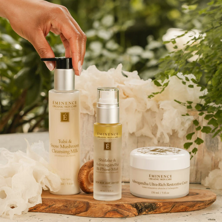 Eminence Organics Tulsi & Snow Mushroom Cleansing Milk and new pure forrest collection