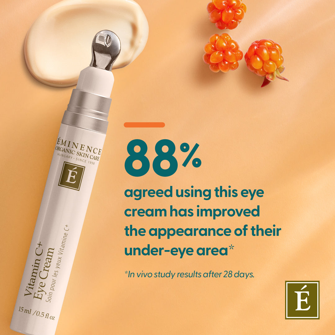 A tube of Eminence Organic Skin Care Vitamin C+ Eye Cream is shown on a warm peach background with a cream swatch and orange berries. Large text reads &