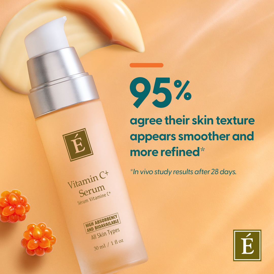 A bottle of Eminence Organics Vitamin C+ Serum with a silver pump and frosted beige bottle, set against a warm peach background with a cream swipe, orange berries, and text stating &