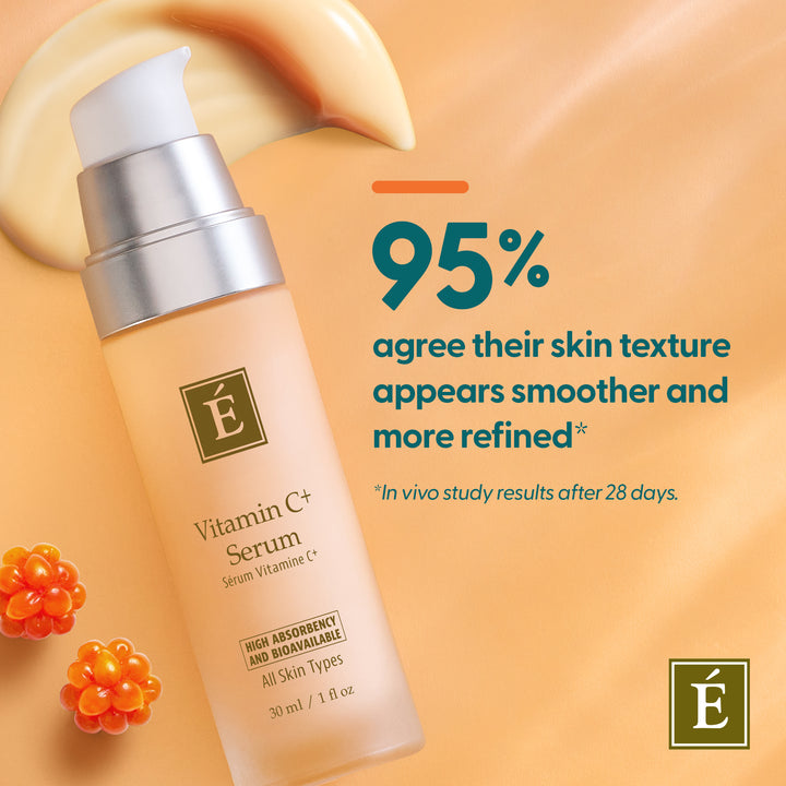A bottle of Eminence Organics Vitamin C+ Serum with a silver pump and frosted beige bottle, set against a warm peach background with a cream swipe, orange berries, and text stating &