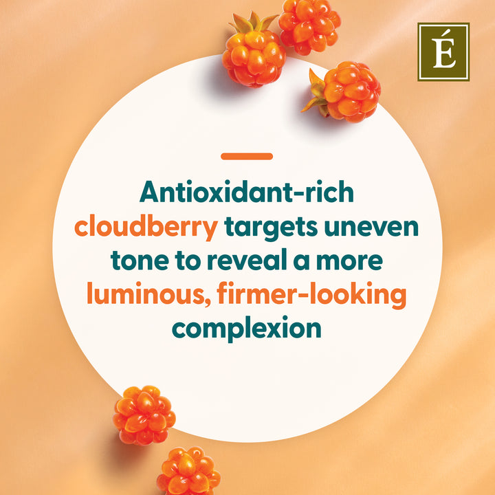 A promotional graphic with a white circular text panel on a warm peach background, surrounded by several orange cloudberries. The text reads: &