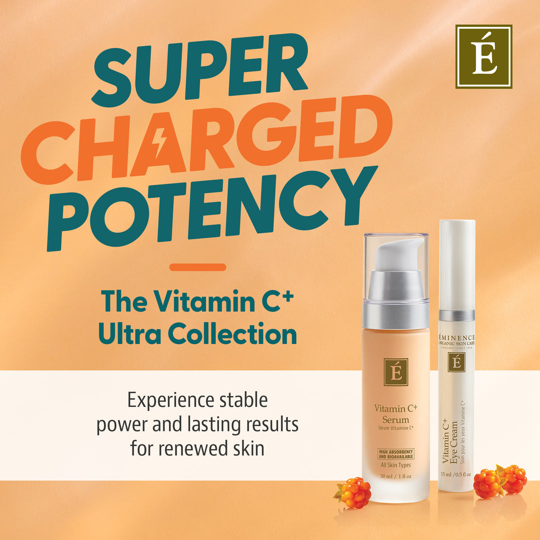 Promotional skincare graphic for the Eminence Organics Vitamin C+ Ultra Collection, featuring two cosmetic bottles on a warm peach background with large text reading &
