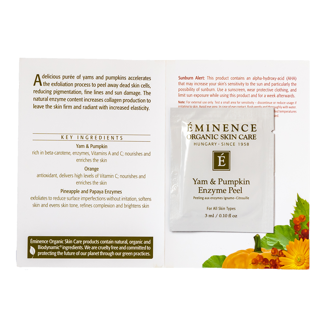 Eminence Organic Skin Care Yam and Pumpkin Enzyme Peel sample packaging with ingredients list on a white background