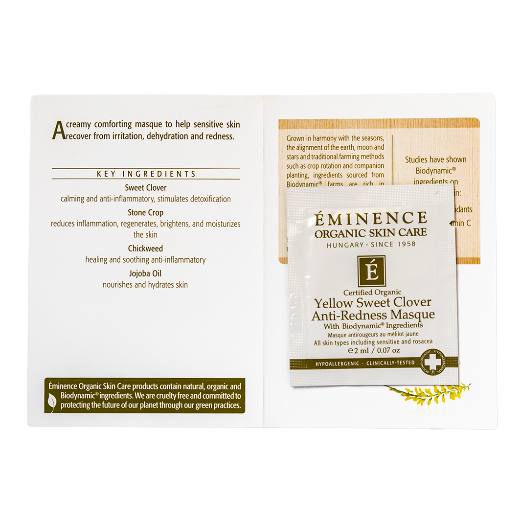 Eminence Organic Skin Care Yellow Sweet Clover Anti-Redness Masque sample packaging on a white background
