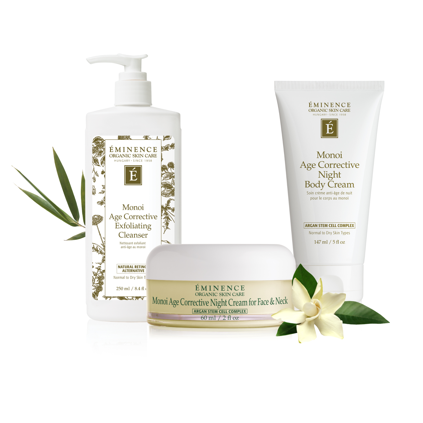 Eminence skincare products including cleanser, night cream, and body cream on a white background with green leaves and flowers.