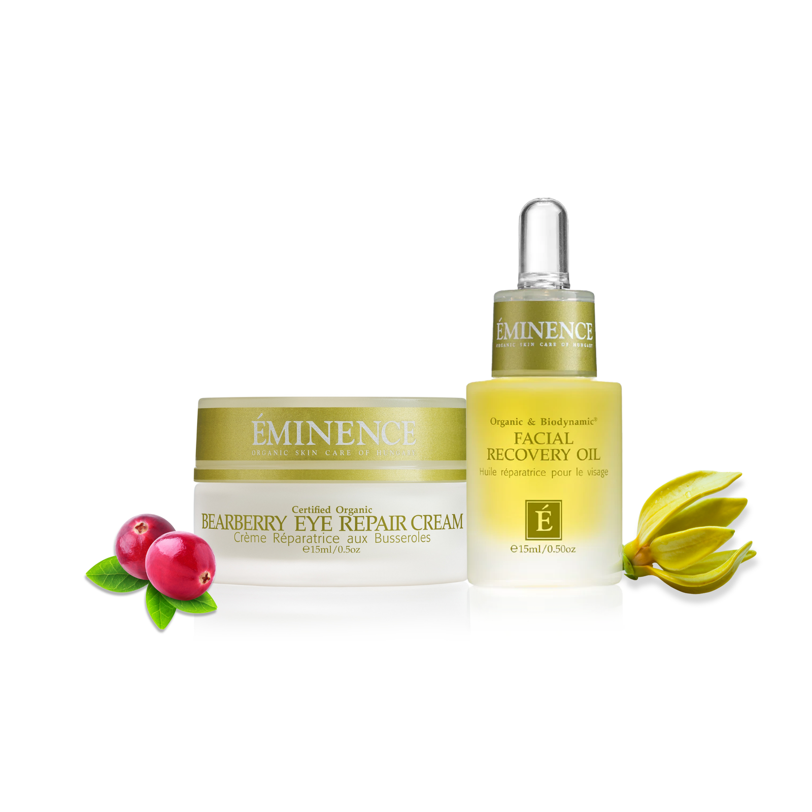 Eminence skincare products including eye repair cream and facial recovery oil on a white background