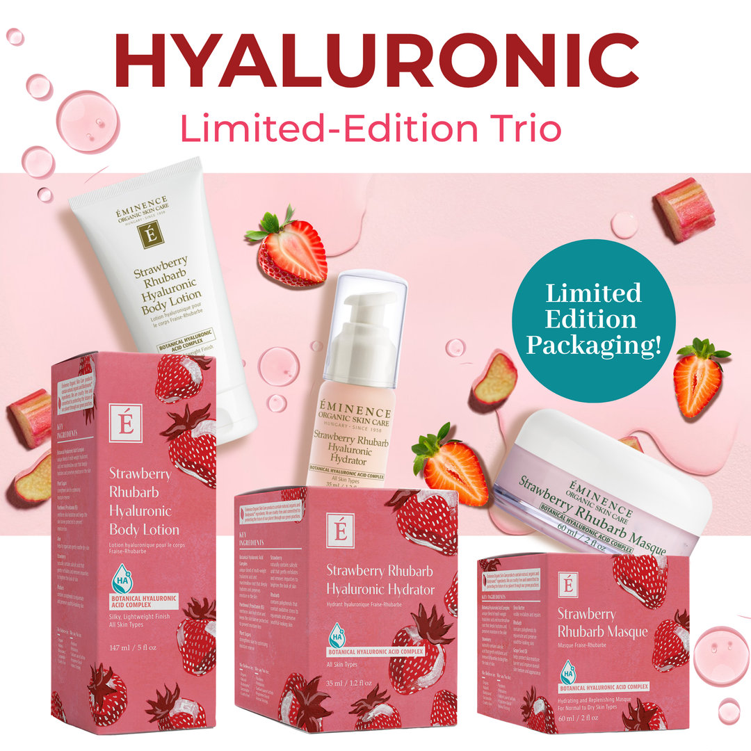 Eminence Organics Strawberry Rhubarb Trio - Limited Edition infographic with products and packaging