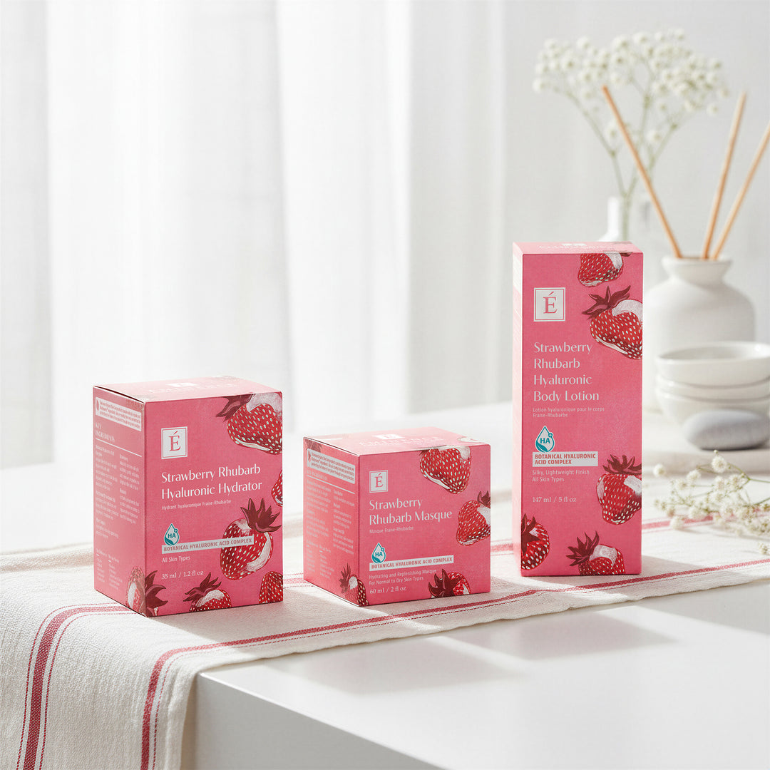Eminence Organics Strawberry Rhubarb Trio - Limited Edition packaging highlighted in a lifestyle shot