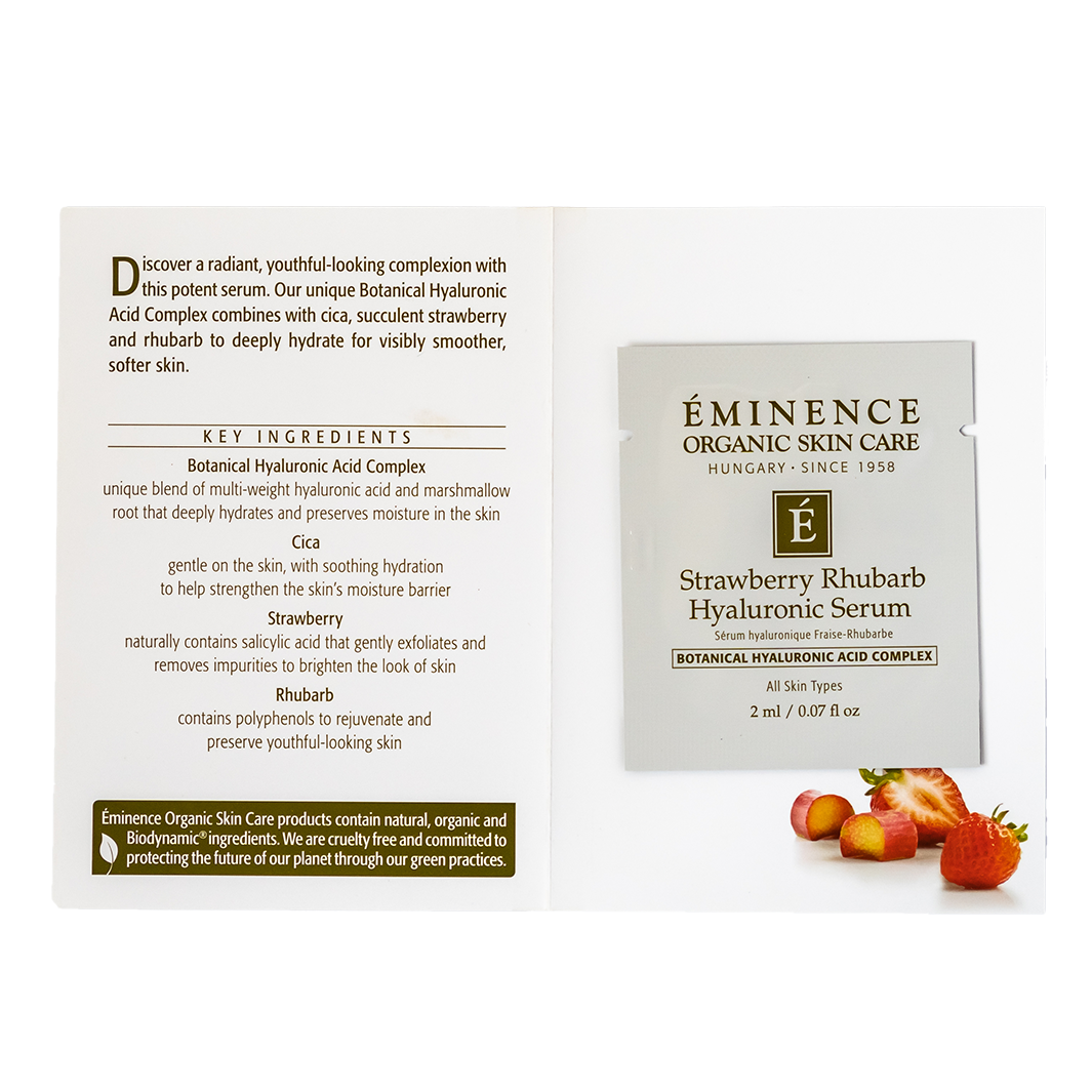 Eminence Organic Skin Care Strawberry Rhubarb Hyaluronic Serum sample  packaging with text and images of strawberries.