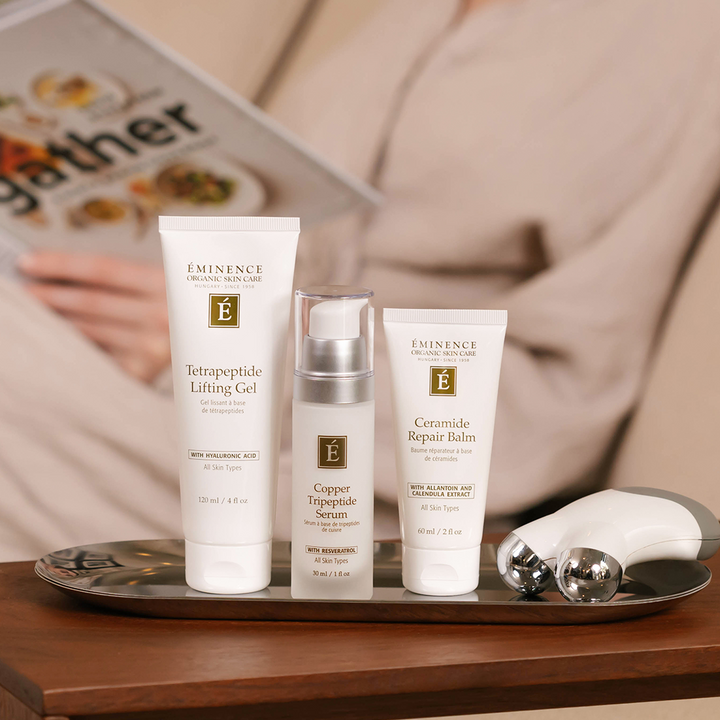 eminence organics advanced care collection lifestyle image with nuface device
