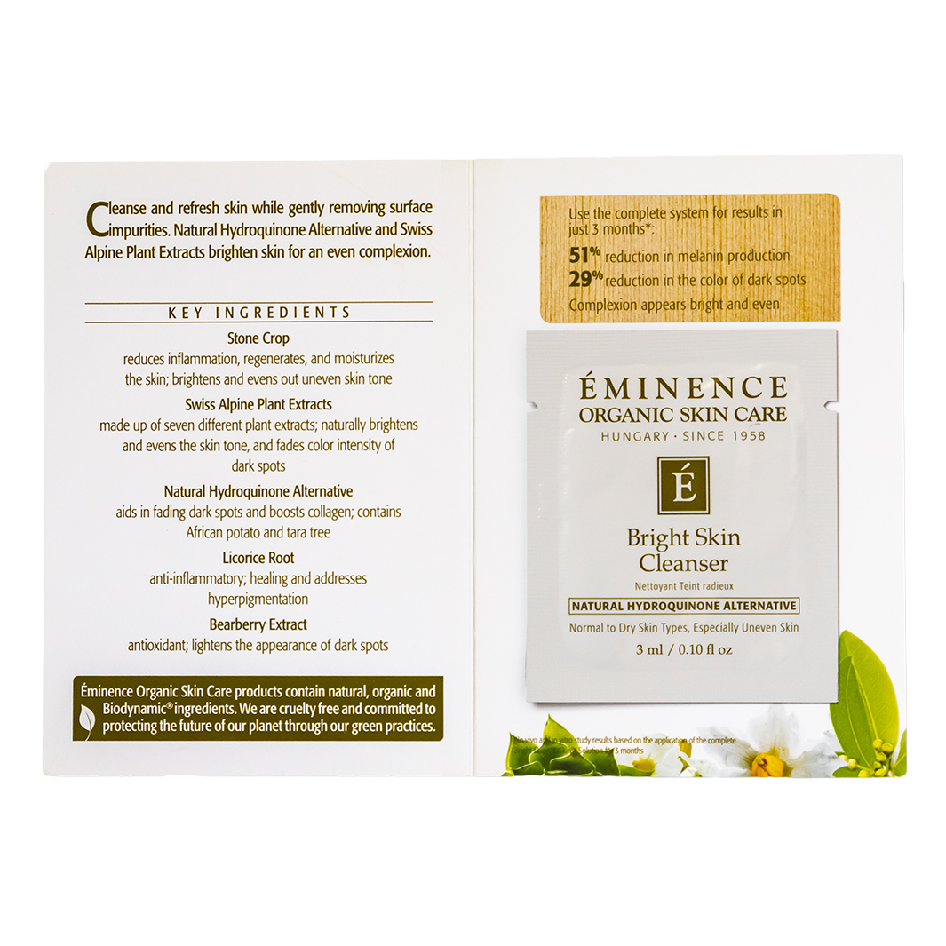 Eménence Organic Skin Care Bright Skin Cleanser sample packaging with key ingredients listed.