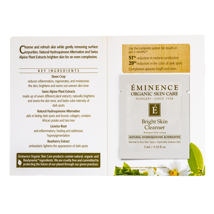 Eménence Organic Skin Care Bright Skin Cleanser sample packaging with key ingredients listed.