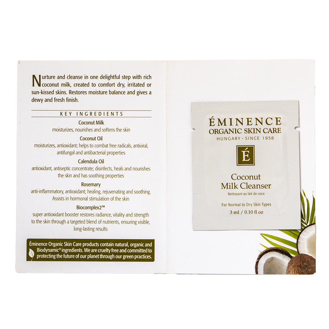 Eminence Organic Skin Care Coconut Milk Cleanser sample size packaging with key ingredients listed.