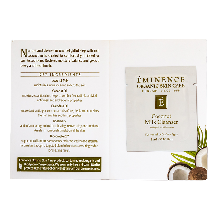 Eminence Organic Skin Care Coconut Milk Cleanser sample size packaging with key ingredients listed.
