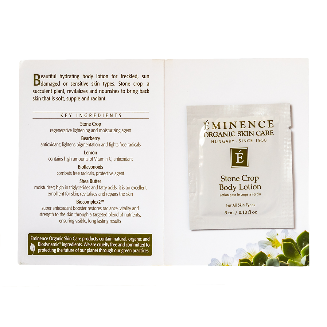 Eminence Organic Skin Care Stone Crop Body Lotion sample packaging with ingredients list on a white background