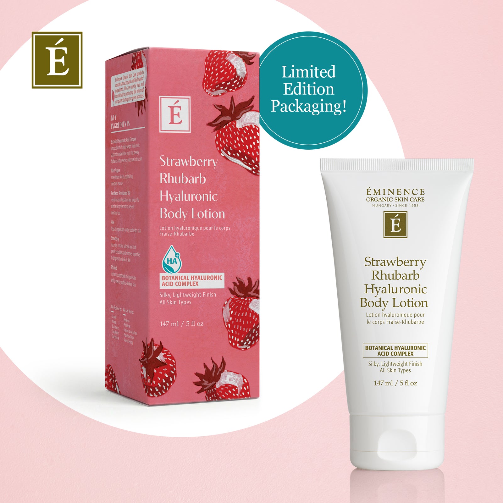 Eminence Strawberry Rhubarb Hyaluronic Body Lotion with limited edition packaging on a pink background