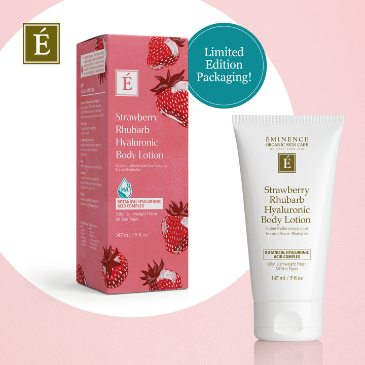 Eminence Strawberry Rhubarb Hyaluronic Body Lotion with limited edition packaging on a pink background